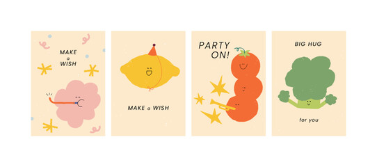 Cute Birthday Cards with Naive Childish Fruits and Vegetables Characters – Fun Vector Illustration