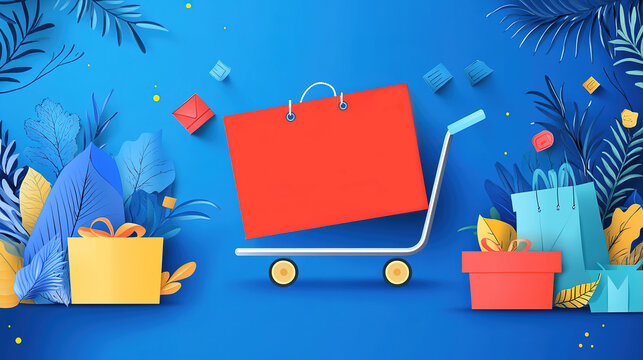 Ai generated shopping cart carrying a big sall shopping bag with gift boxes and paper cut tropical leaves on a blue background
