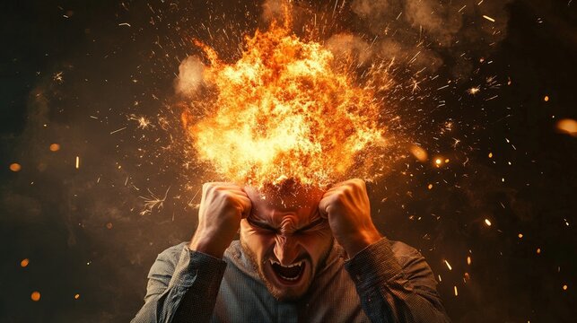 Businessman experiencing burnout syndrome, head engulfed in flames, screaming while gripping his head with both hands, illustrating the intense pressure and frustration of overwork