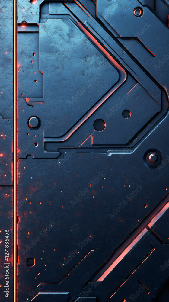 Leinwandbilder Close-up of a futuristic metallic panel glowing with red light, creating a mysterious and captivating sci-fi atmosphere