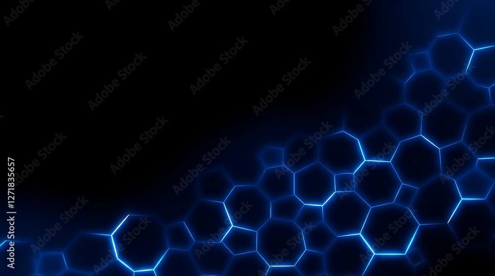 Poster glowing blue hexagonal network pattern emerging diagonally on dark background. ideal for technology,