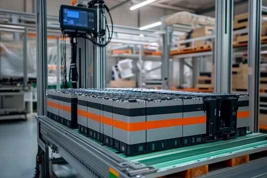 Modern industrial warehouse showcasing advanced battery storage technology in a busy facility - Powered by Adobe