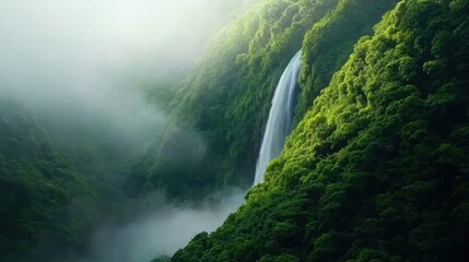 Majestic waterfall cascading through a lush green jungle, mist rising, sunlight filtering through dense trees, natural wonder scene