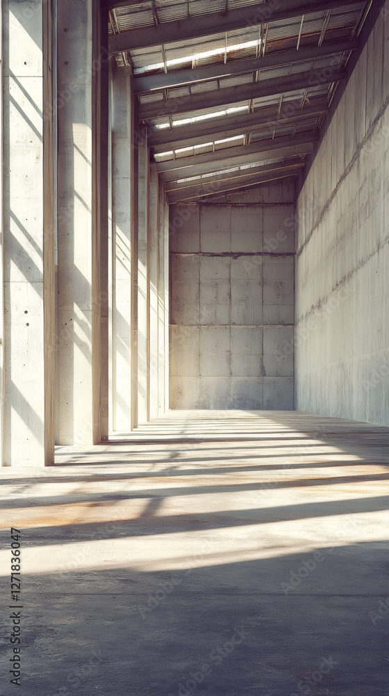 Aufkleber bright sunlight illuminating large empty industrial building with concrete pillars and walls under c