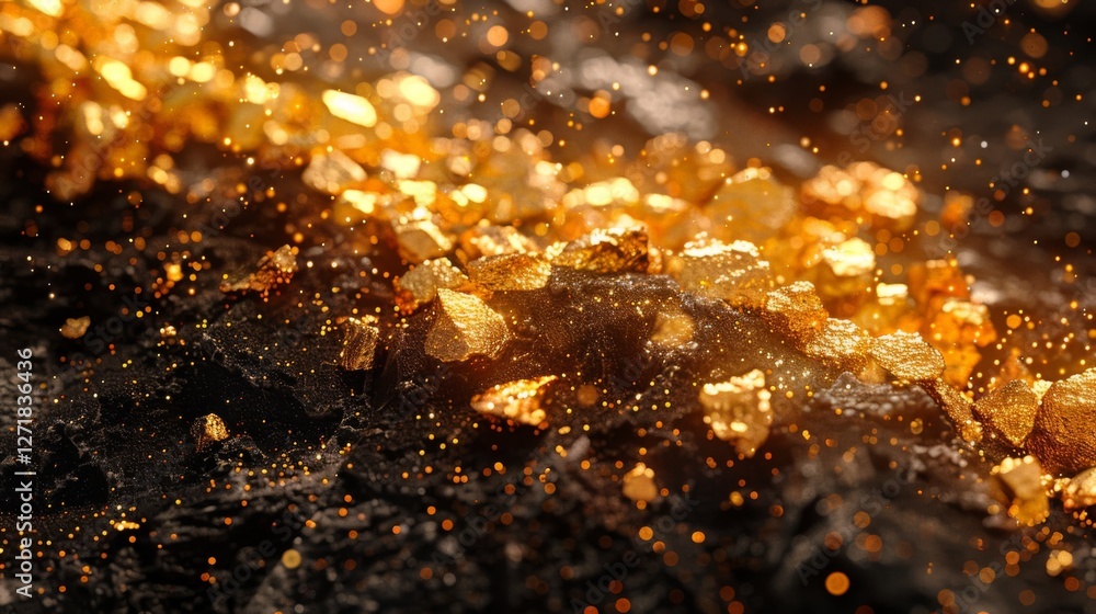 Fototapete glimmering golden minerals rest on a textured dark rock surface, illuminated by gentle light, showca