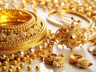 Obraz premium Elegant Gold Jewelry Double Exposure: Luxurious Necklaces & Earrings on White