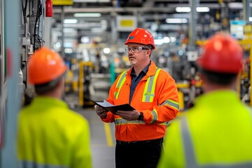 Meeting on safety protocols in a manufacturing plant during the day shift