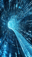 Digital tunnel constructed from binary code, streaming data flow visualizing network connectivity, technological advancement, cybersecurity concept
