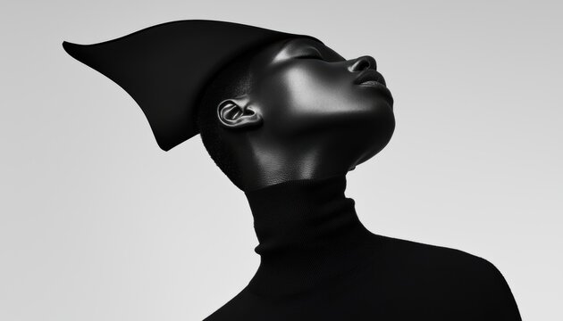 Minimalist high-fashion shoot, monochrome tones, model wearing sleek black outfit, strong contrast lighting
