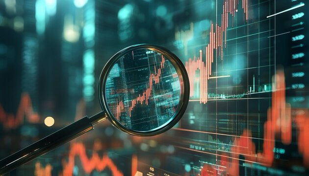 Lente d'ingrandimento sopra un grafico di borsa, rappresentante l'analisi approfondita dei dati di mercato.