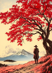 Man is standing in front of a tree with red leaves. The man is wearing a hat and he is looking at the mountain in the distance. The image has a serene and peaceful mood, with the man