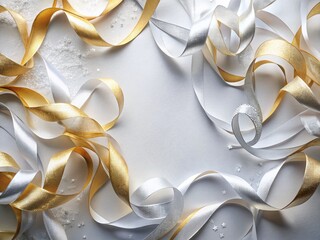 Elegant Gold & Silver Ribbons on White Background - Luxury Festive Decoration Stock Photo