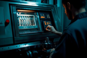 Naklejka premium Innovative machinery operation in a futuristic laboratory environment at nighttime