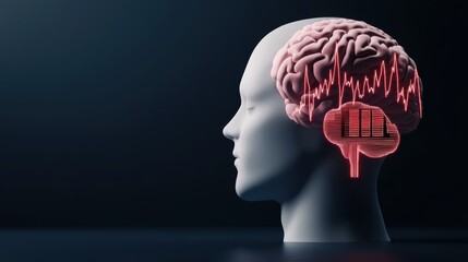 Obraz premium A digital representation of a human head with a brain and sound waves, symbolizing the connection between neuroscience and audio processing.
