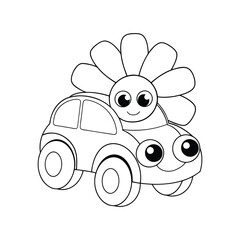 A cheerful daisy car with petal wheels for kids to color