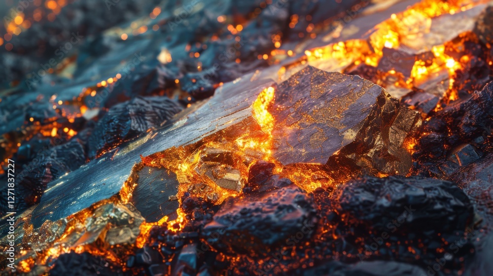 Poster glowing lava cascades over sharp volcanic rocks, creating an enchanting contrast between bright oran