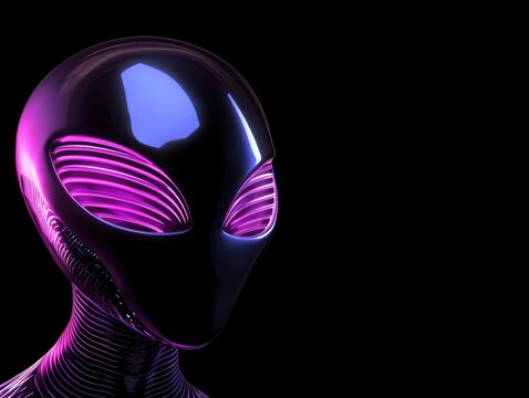 Neon-lit alien head with intricate patterns, deep cyberpunk aesthetic, high-detail 3D rendering, rare NFT avatar concept