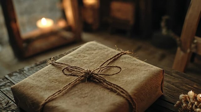 Rustic gift wrapped in burlap on wooden table with candles in cozy background