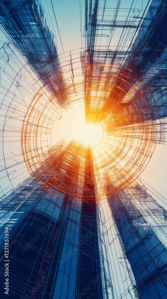 Fototapete Low angle view of abstract circular structure surrounding skyscrapers with bright sunlight in the center
