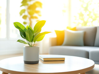 A bright, cozy living room scene featuring a small potted plant on a wooden table, complemented by sunlight streaming through large windows.