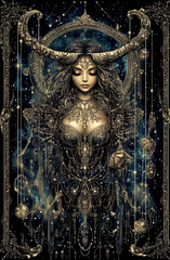 Obraz premium Woman with a horned headdress is depicted in a gold and blue color scheme. The woman is wearing a gold dress and is holding a golden object. The image has a mystical and ethereal feel to it