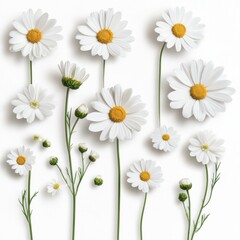 Obraz premium Artistic floral set of white daisies with varying sizes, carefully placed on a clean white background, modern and sophisticated design, ultra-high resolution