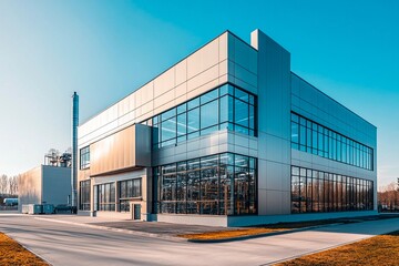 Obraz premium Modern industrial building showcases stunning architecture under clear blue sky