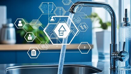 Smart home kitchen faucet with digital overlay showing water usage data - Powered by Adobe
