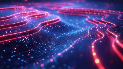 Abstract glowing wavy data lines, digital landscape, colorful background