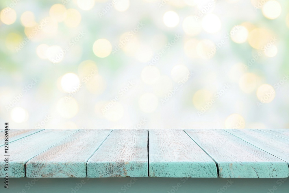 Poster pastel wooden table surface against a bokeh background; ideal for product showcase and display