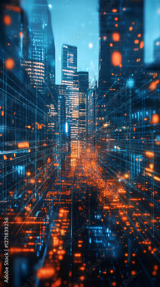 Poster data streams flow through urban canyons, creating a mesmerizing blend of technology and architecture
