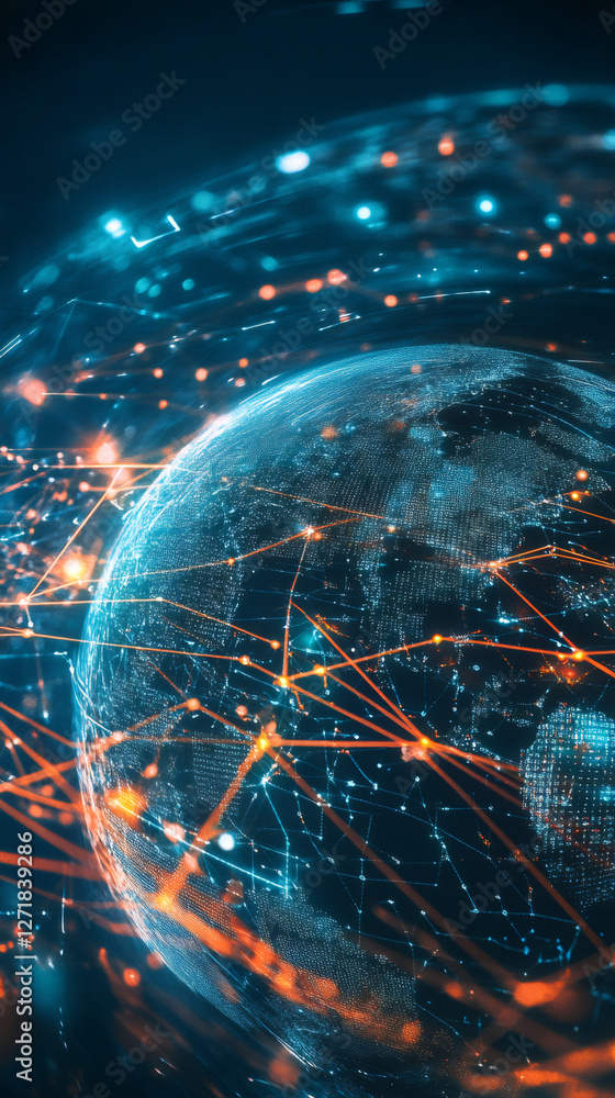 Poster futuristic digital earth rotating, featuring network connections, data exchange and global communica