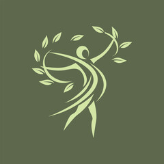 a dancing human figure with flowing brushstroke lines and leafy shapes in its motion