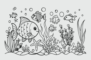 Line art of  fish of under water  for kids color page doodle art
