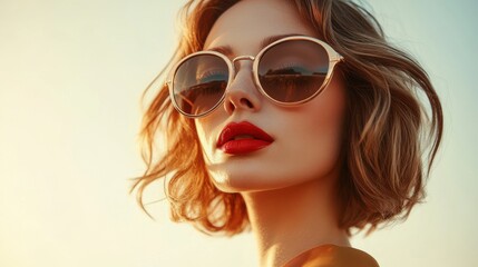 Fototapeta premium Closeup portrait of young beautiful sexy smiling hipster woman in sunglasses. Trendy positive girl going crazy. Model isolated on blue wall. Shows her tongue