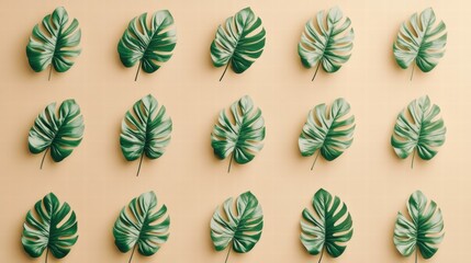 Pattern of green leaves on beige background created for modern interior decor and design inspiration in natural themes. Generative AI