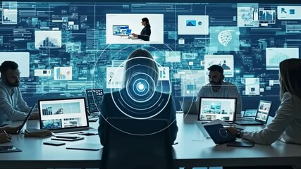 Team analyzes data on large screen in tech control room, video conference playing - Powered by Adobe