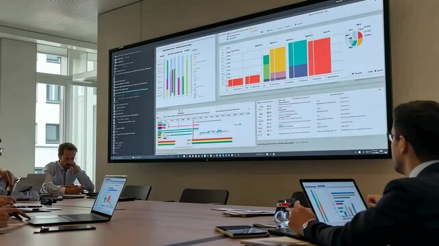 Team analyzes data on screen in modern office; office building visible. Possible presentation slide