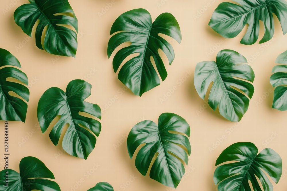 Poster assorted green monstera leaves arranged on a yellow background creating a vibrant botanical display.