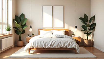 Empty modern bedroom with natural light streaming in. Cozy, comfortable room. cut out, clipping path, social media, web, close up, high quality,
