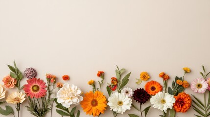 Fototapeta premium Beige backdrop with a scatter of bright autumn flowers, including sunflowers, asters, and zinnias, arranged in a symmetrical pattern, soft lighting and ultra-realistic focus
