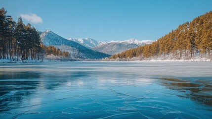 Frozen lake, winter mountains, sunny day, serene landscape