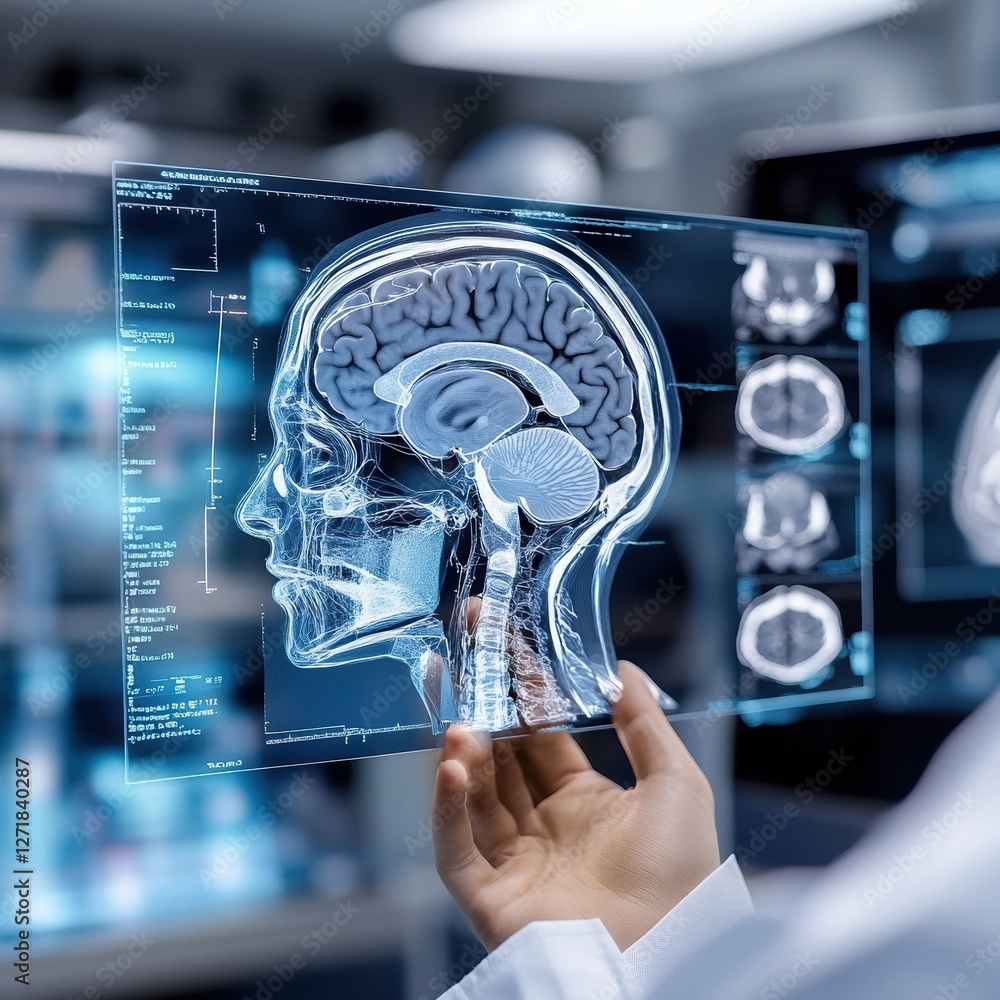 Aufkleber a person is holding a screen displaying a brain scan