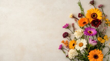 Fototapeta premium Beige backdrop with a scatter of bright autumn flowers, including sunflowers, asters, and zinnias, arranged in a symmetrical pattern, soft lighting and ultra-realistic focus
