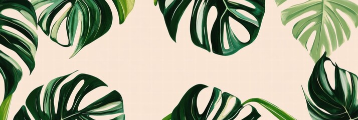 Lush tropical leaves arranged artistically on a light background creating a vibrant botanical aesthetic for decor. Generative AI