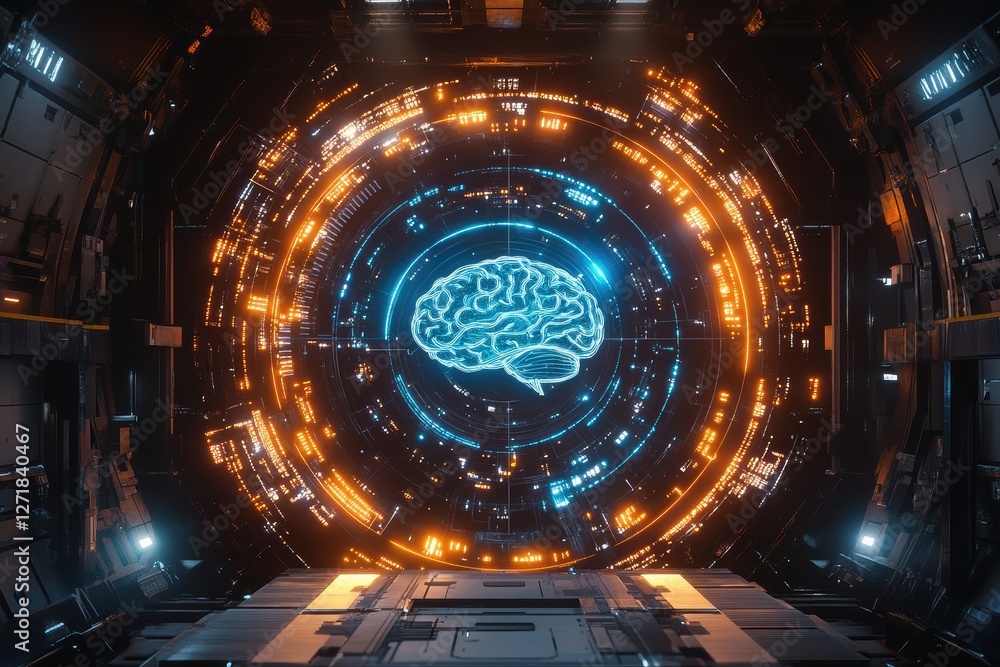 Poster futuristic glowing brain representing artificial intelligence in technological environment