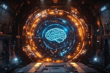Obraz premium Futuristic glowing brain representing artificial intelligence in technological environment