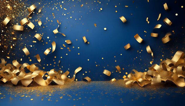minimalist confetti background for awards ceremony or powerpoint presentation with blue background and gold. Generated image