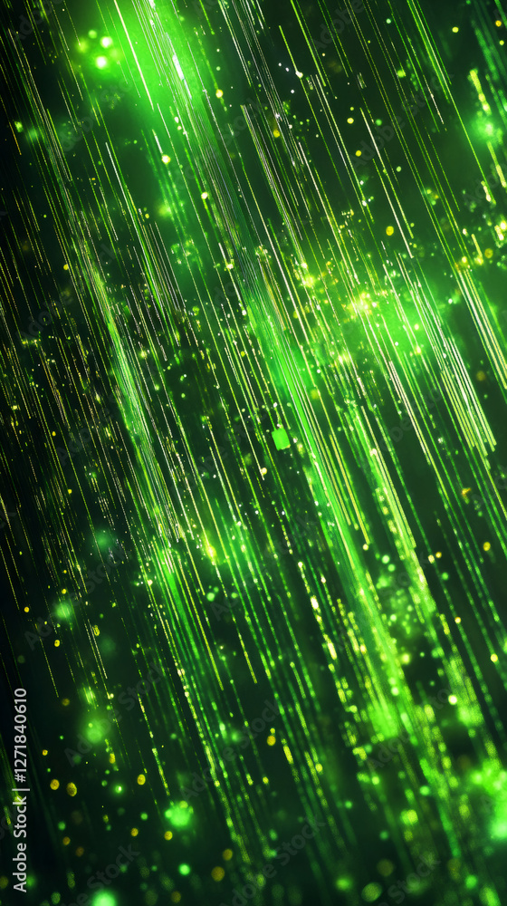 Fototapete Abstract background with glowing green lines falling and sparkling particles, creating a dynamic and energetic visual effect