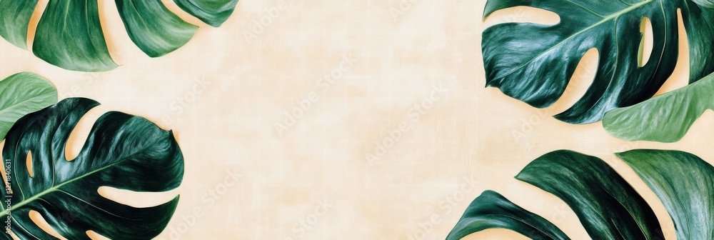 Poster lush green leaves surrounding soft yellow background creating a tranquil and inviting atmosphere for